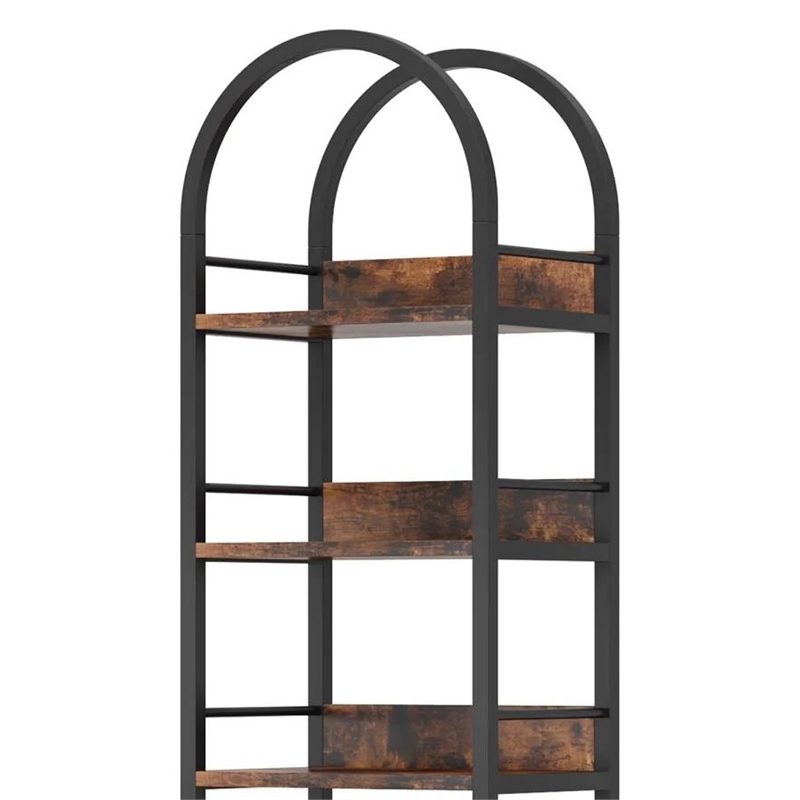 Benjara Meo Corner Bookshelf- 6 Shelves- Industrial Arched Black Metal Frame