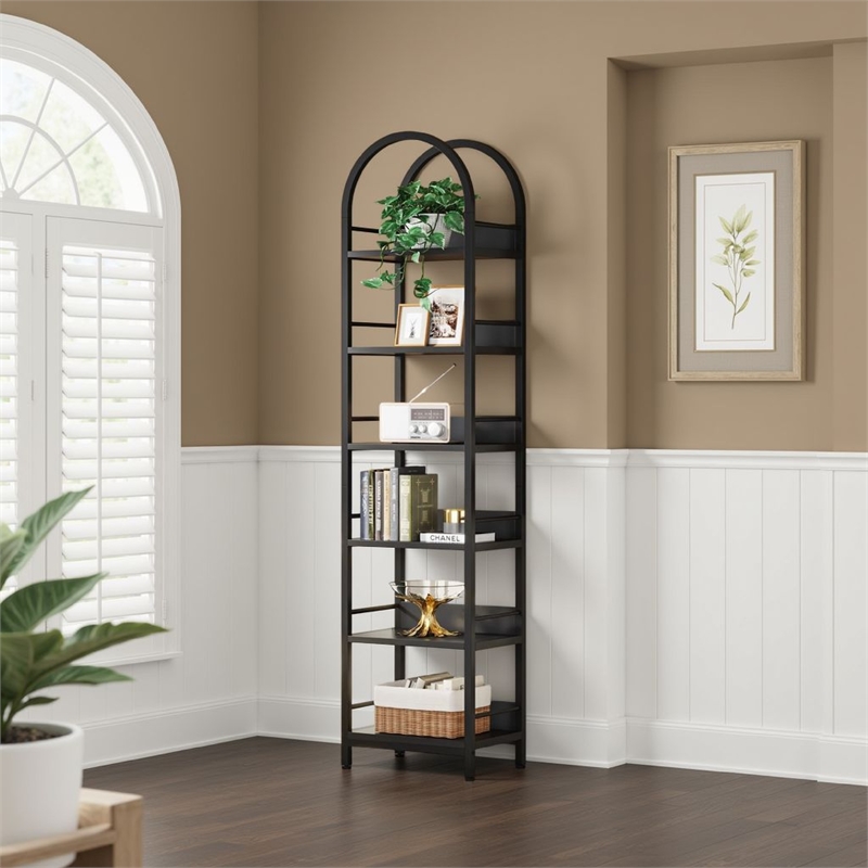 Benjara Meo Corner Bookshelf- 6 Shelves- Industrial Arched Black Metal Frame