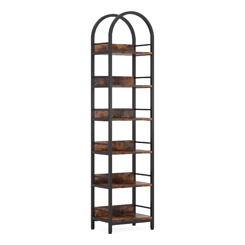 Benjara Meo Corner Bookshelf- 6 Shelves- Industrial Arched Black Metal Frame