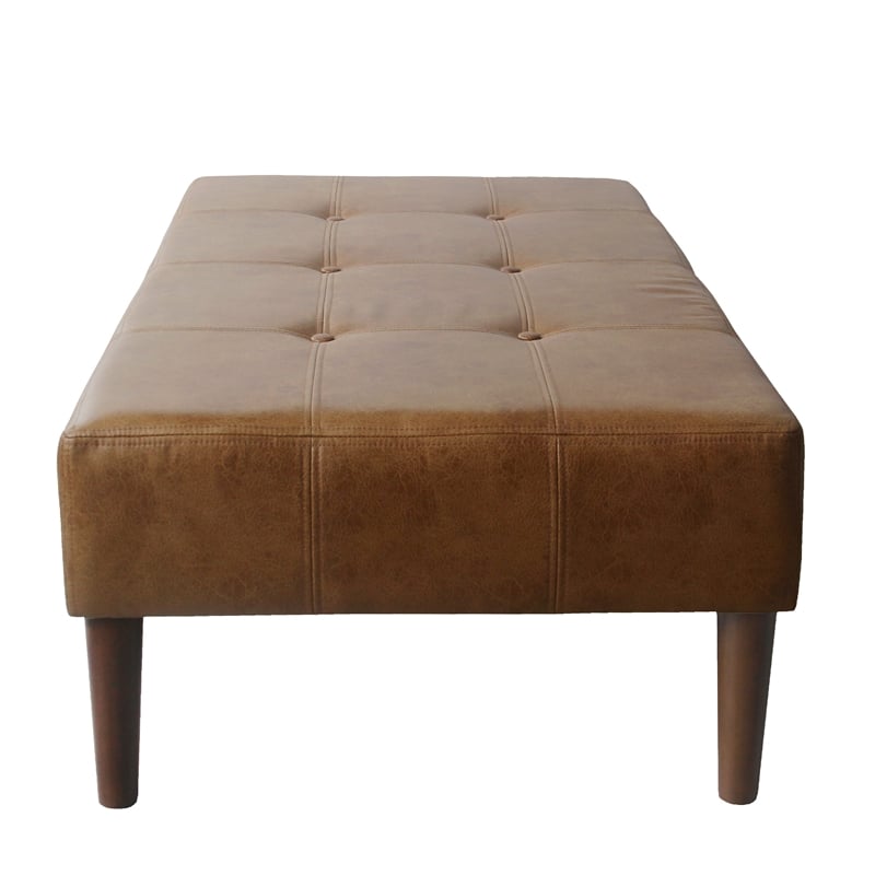 Benjara Coffee Table Ottoman- Brown Wood and Tufted Faux Leather- 46 Inch
