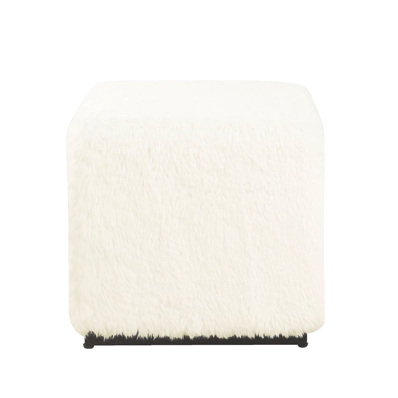 Benjara Lev Accent Ottoman- Square Cube SIlhouette with White Faux Fur 16 Inch