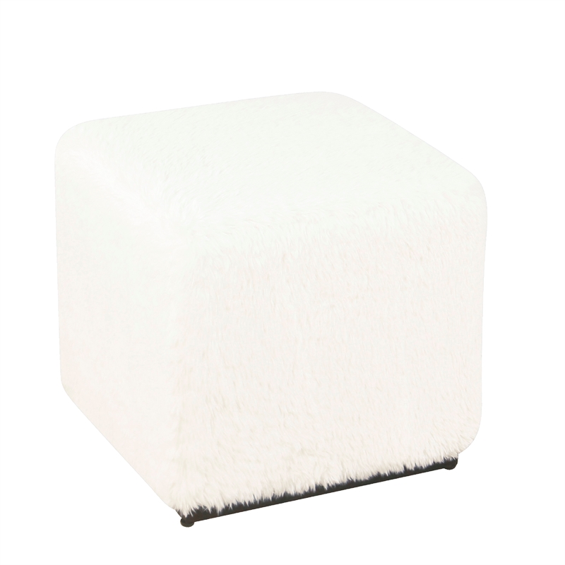 Benjara Lev Accent Ottoman- Square Cube SIlhouette with White Faux Fur 16 Inch