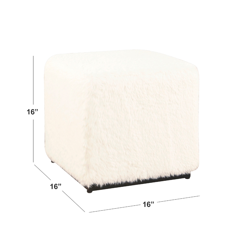Benjara Lev Accent Ottoman- Square Cube SIlhouette with White Faux Fur 16 Inch