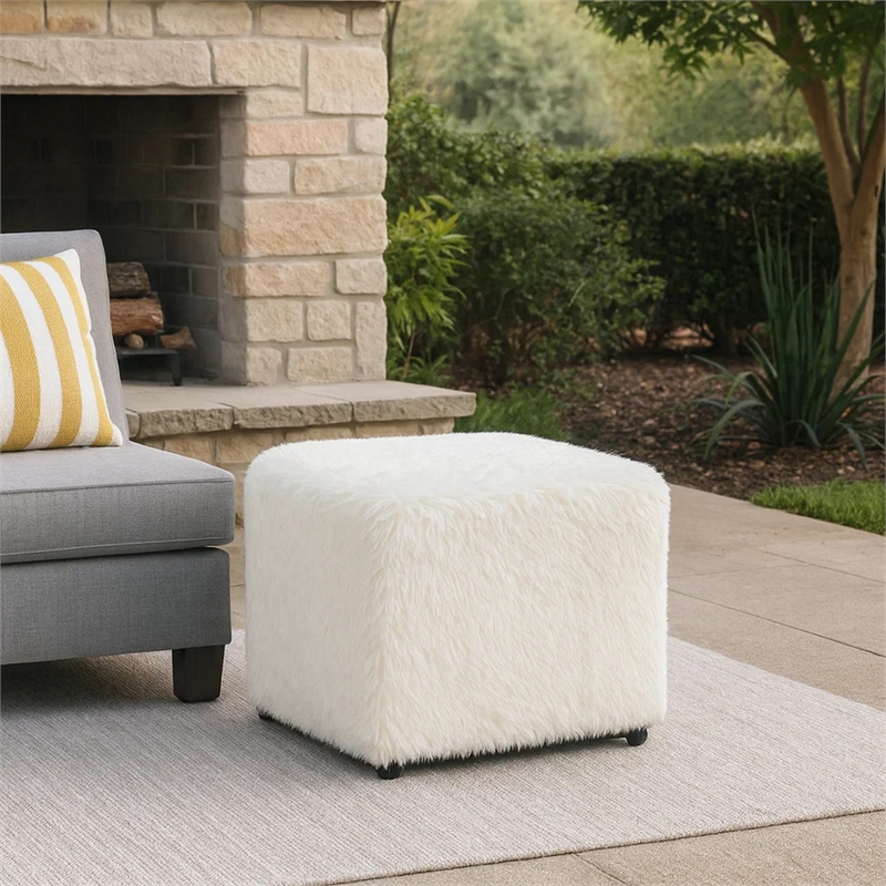 Benjara Lev Accent Ottoman- Square Cube SIlhouette with White Faux Fur 16 Inch