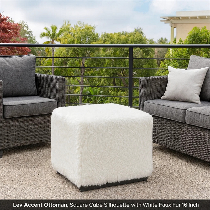 Benjara Lev Accent Ottoman- Square Cube SIlhouette with White Faux Fur 16 Inch