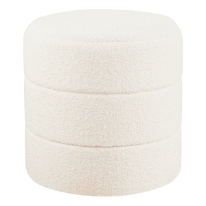 Benjara Sem Round Accent Ottoman- Cream White Chanel Stitched Boucle 18 Inch