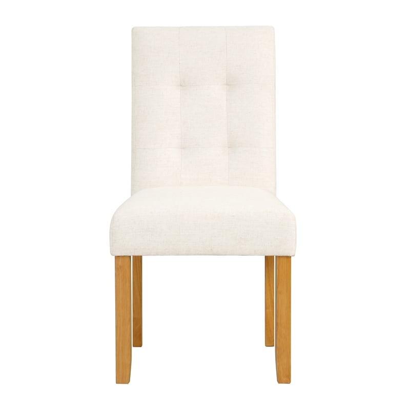 Benjara Rei Dining Chair Set of 2- Wood Frame- Cream Linen Woven Textured