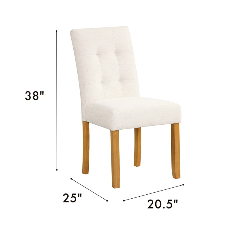 Benjara Rei Dining Chair Set of 2- Wood Frame- Cream Linen Woven Textured