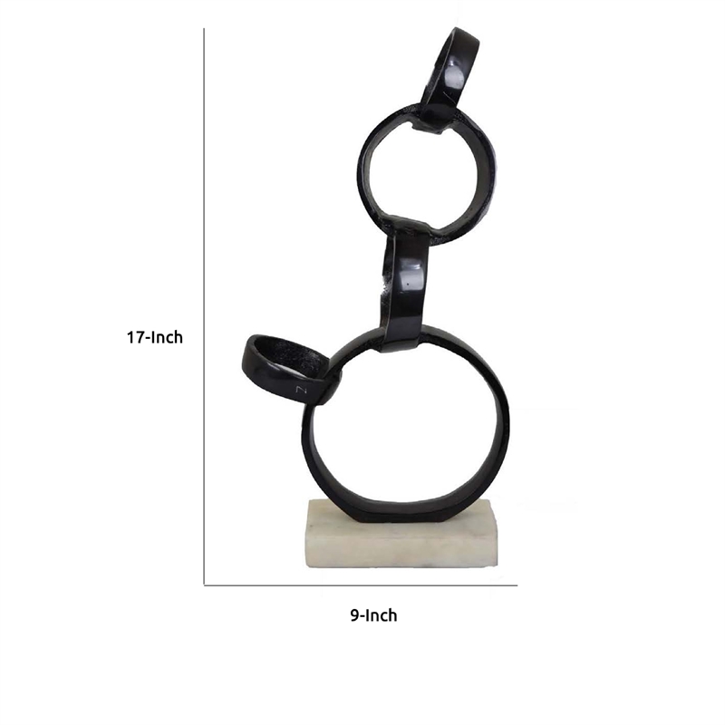Benjara Lo Abstract Interlinked Ring Sculpture- Solid White Base- Black Metal