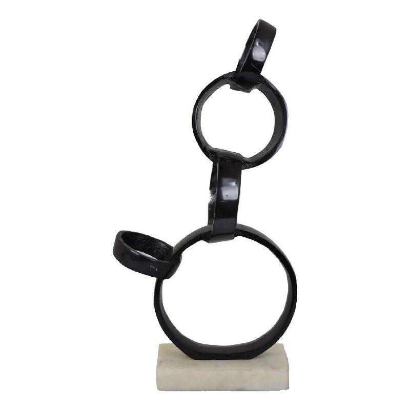 Benjara Lo Abstract Interlinked Ring Sculpture- Solid White Base- Black Metal