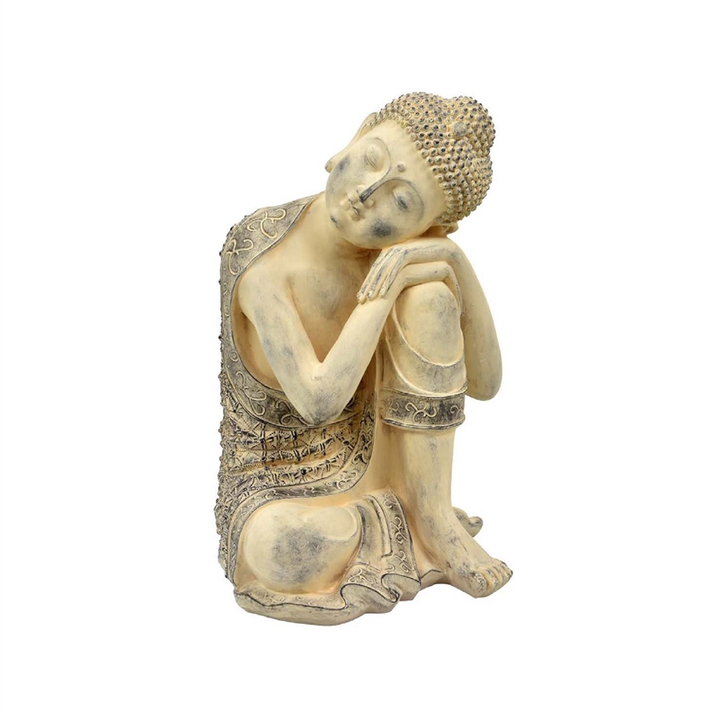 Benjara Decorative Resting Buddha Figurine- Antique Beige Resin- 14 Inch