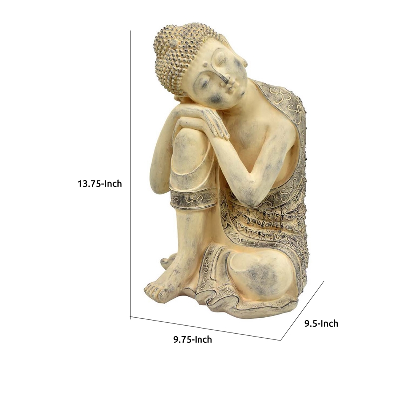 Benjara Decorative Resting Buddha Figurine- Antique Beige Resin- 14 Inch