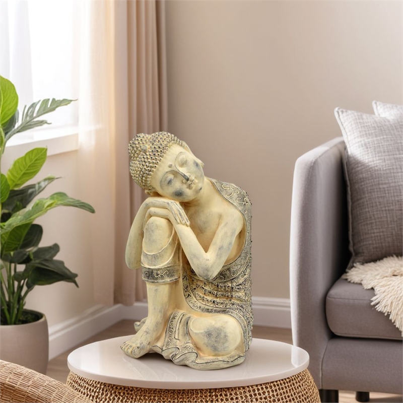 Benjara Decorative Resting Buddha Figurine- Antique Beige Resin- 14 Inch