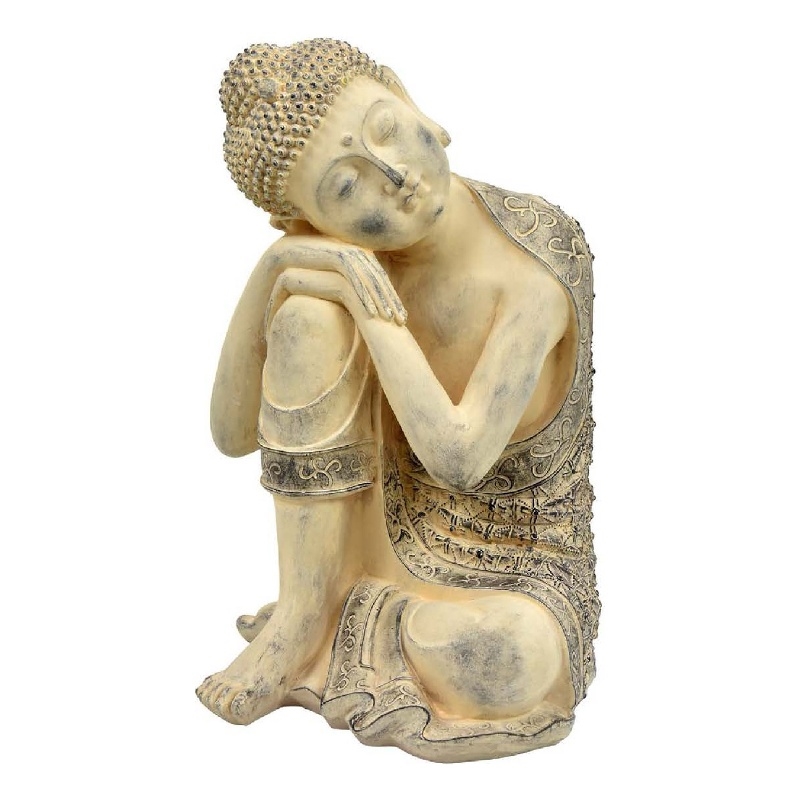 Benjara Decorative Resting Buddha Figurine- Antique Beige Resin- 14 Inch