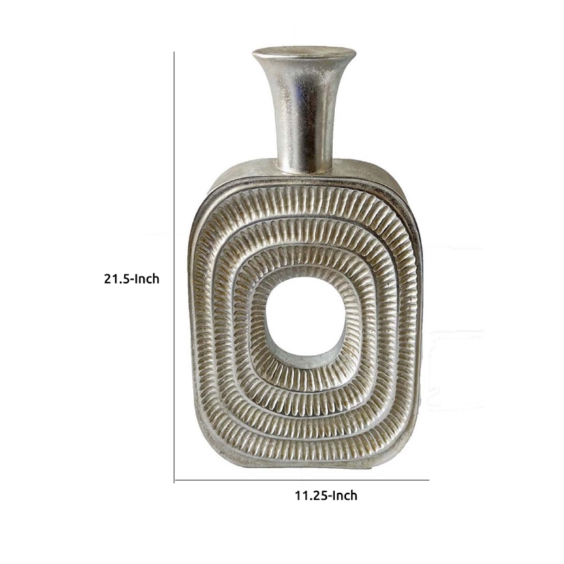 Benjara Peny Decorative Flower Vase- 22 Inch- Narrow Neck- Silver Resin Base