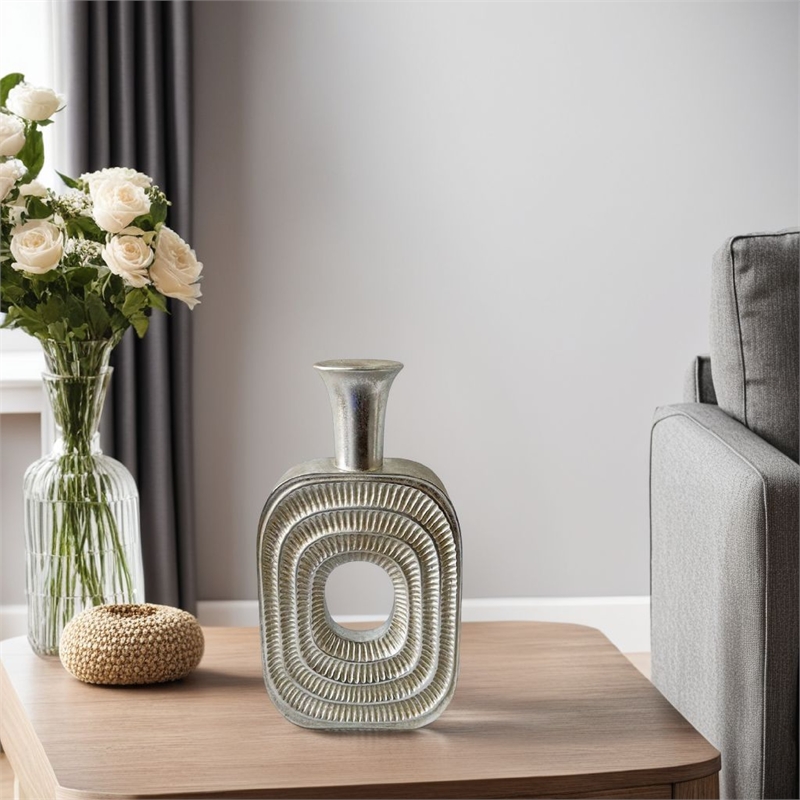 Benjara Peny Decorative Flower Vase- 22 Inch- Narrow Neck- Silver Resin Base