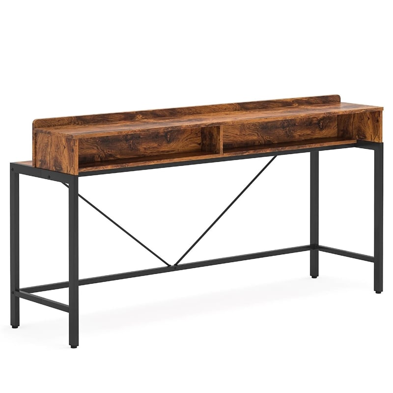 Benjara Zil Sofa Console Table- 71 Inch- Industrial Brown Wood and Black Metal