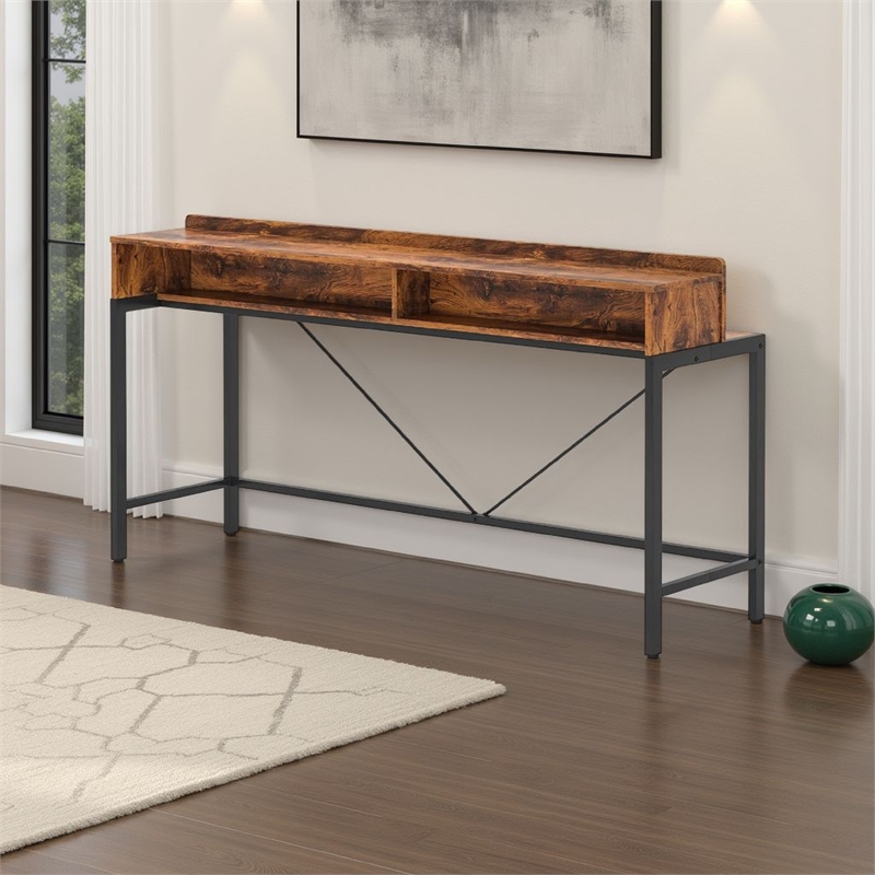 Benjara Zil Sofa Console Table- 71 Inch- Industrial Brown Wood and Black Metal