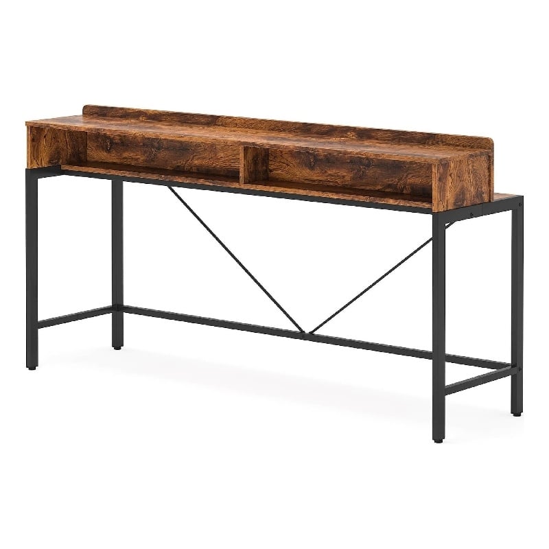 Benjara Zil Sofa Console Table- 71 Inch- Industrial Brown Wood and Black Metal