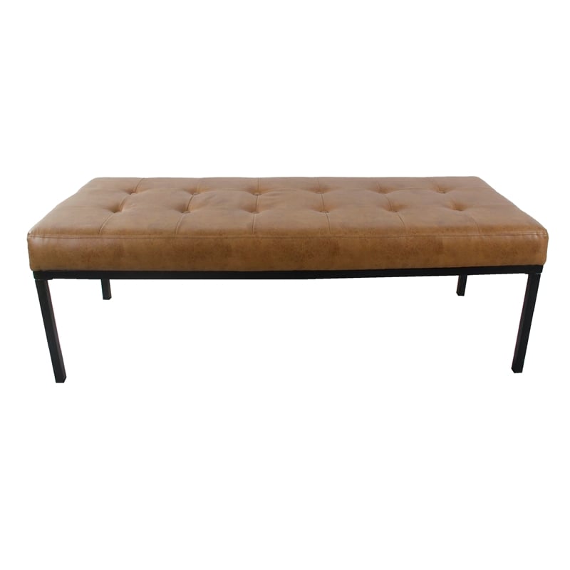 Benjara Alp Bench- Black Open Metal Frame- Brown Tufted Faux Leather 54 Inch