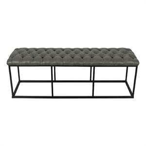 Benjara Ali Ottoman Bench- Open Metal Frame- Gray Tufted Faux Leather 52 Inch