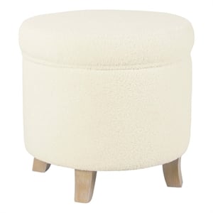 Benjara Loni Round Storage Ottoman- 19&quot Beige Faux Sheepskin- Wood Legs