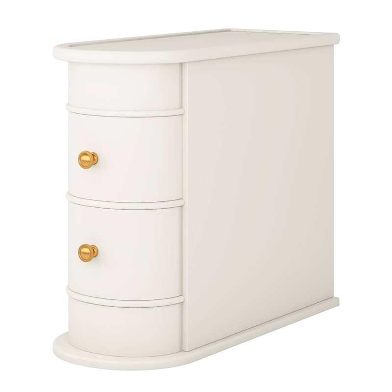 Benjara Side Table Nightstand w 2 Drawers- Narrow Curved Design- White- Gold