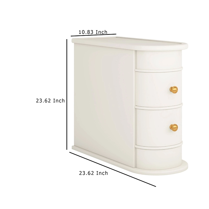 Benjara Side Table Nightstand w 2 Drawers- Narrow Curved Design- White- Gold