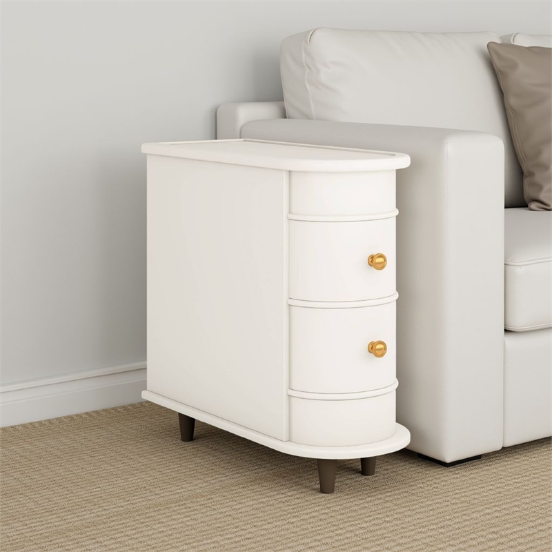 Benjara Side Table Nightstand w 2 Drawers- Narrow Curved Design- White- Gold