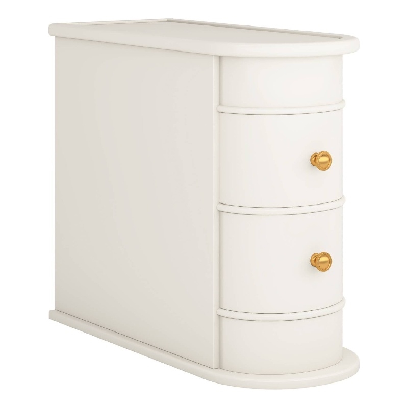 Benjara Side Table Nightstand w 2 Drawers- Narrow Curved Design- White- Gold