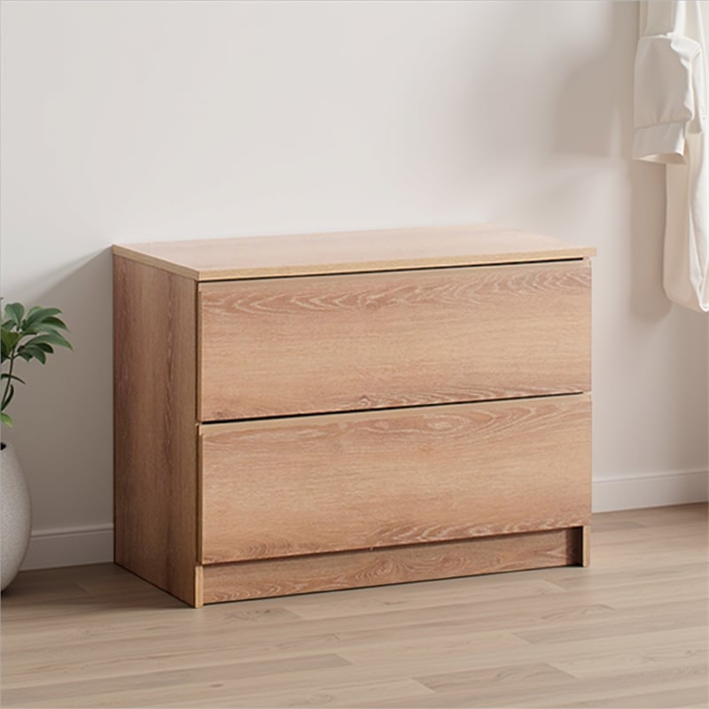 Benjara Vedz Dresser Unit with 2 Drawers- Modern Oak Brown Melamine Finish