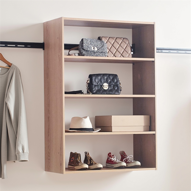 Benjara Vedz Wall Mount Adjustable Shelf- 4 Open Shelves- Oak Brown Melamine