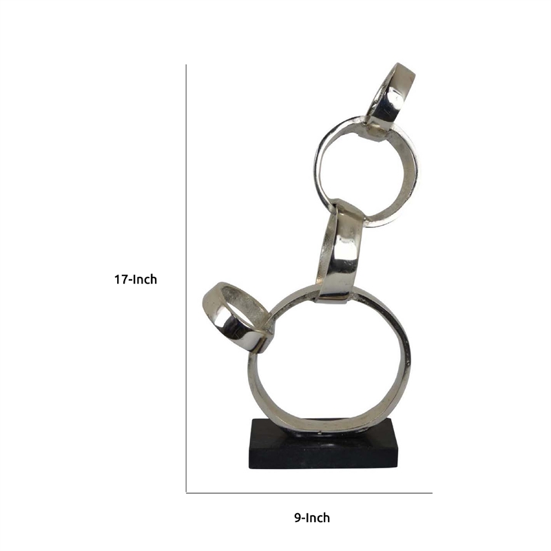 Benjara Lo Abstract Interlinked Ring Sculpture- Solid Black Base- Silver Metal