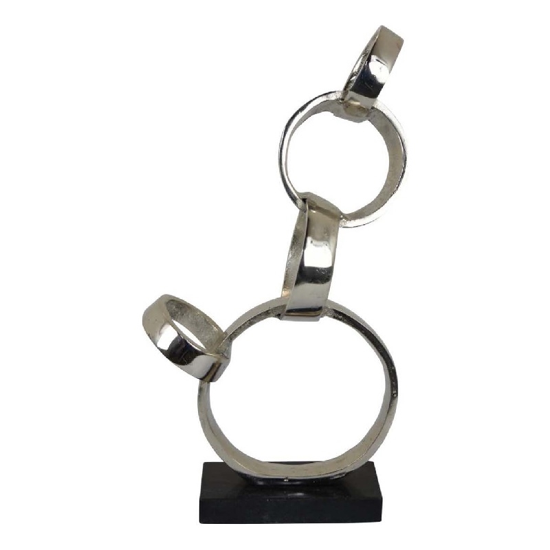 Benjara Lo Abstract Interlinked Ring Sculpture- Solid Black Base- Silver Metal