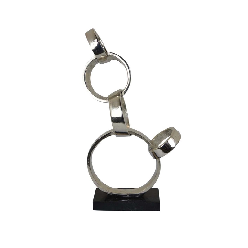 Benjara Lo Abstract Interlinked Ring Sculpture- Solid Black Base- Silver Metal