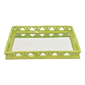 Benjara Aeny Accessory Tray with Mirror- 20 Inch- Bamboo Look Lime Green Resin
