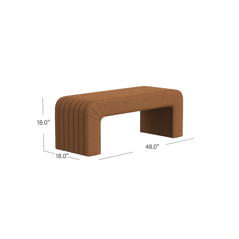 Benjara Gus Bench- Curved Arch Design- Orange Channel Tufted Velvet 48 Inch