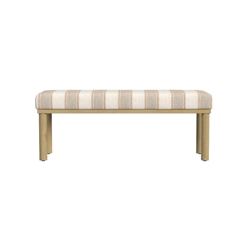 Benjara Fin Bench- Natural Brown Wood- Striped Tan Cream Polyester 48 Inch