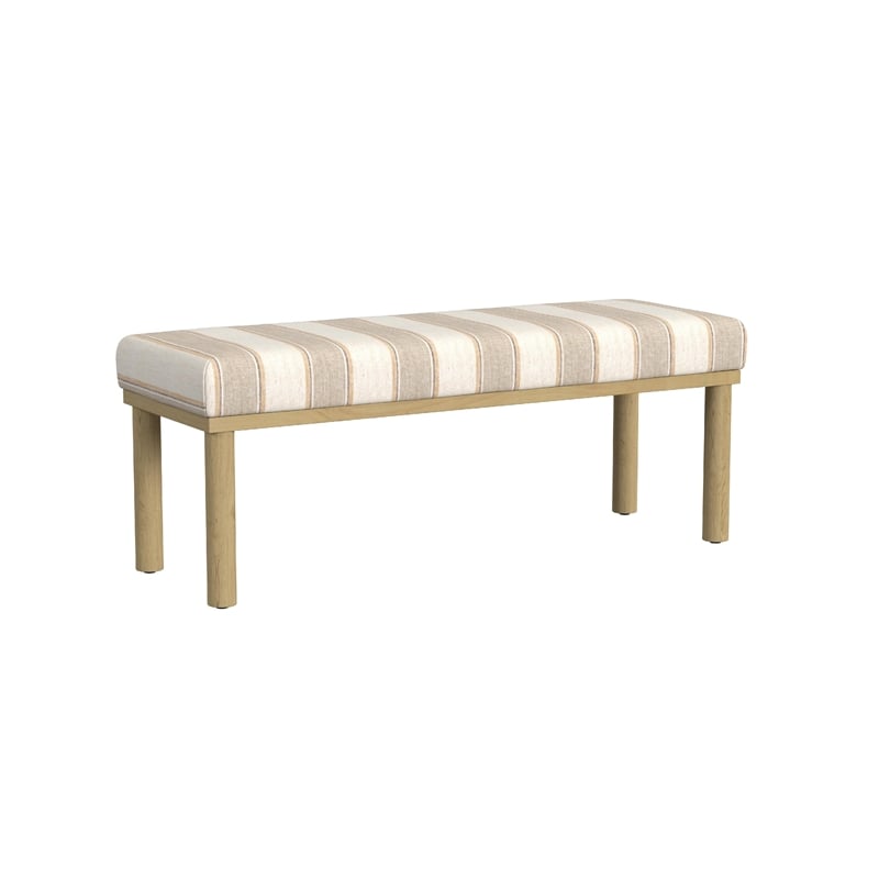 Benjara Fin Bench- Natural Brown Wood- Striped Tan Cream Polyester 48 Inch