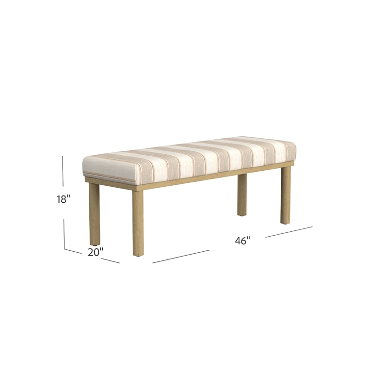 Benjara Fin Bench- Natural Brown Wood- Striped Tan Cream Polyester 48 Inch