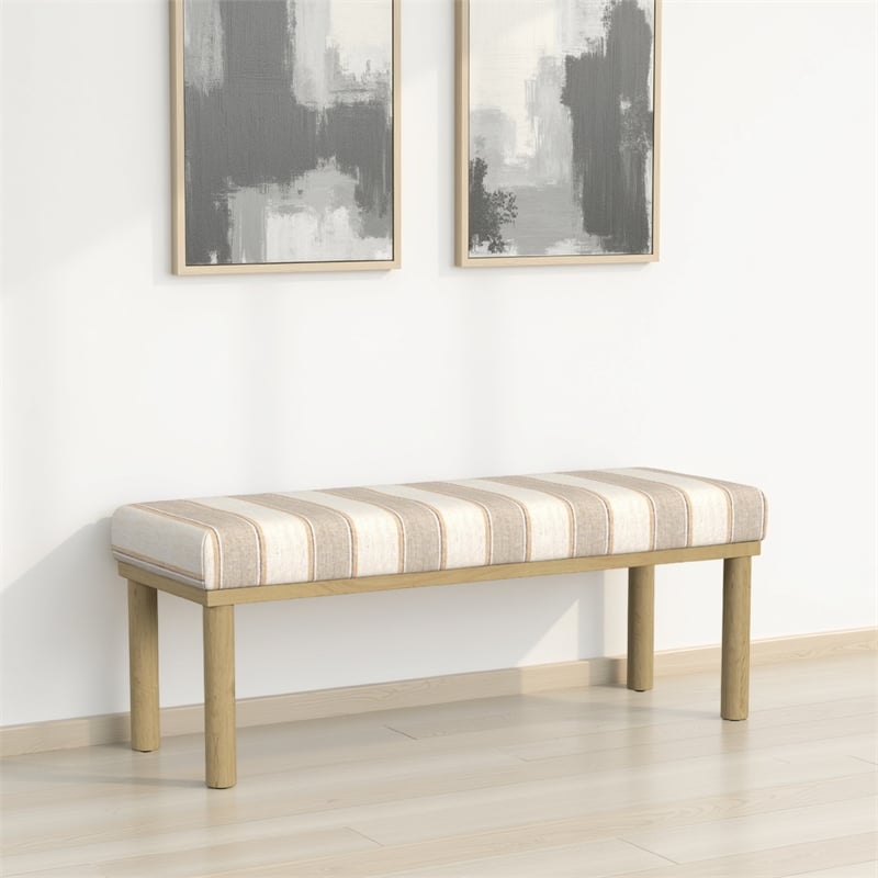 Benjara Fin Bench- Natural Brown Wood- Striped Tan Cream Polyester 48 Inch