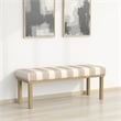 Benjara Fin Bench- Natural Brown Wood- Striped Tan Cream Polyester 48 Inch