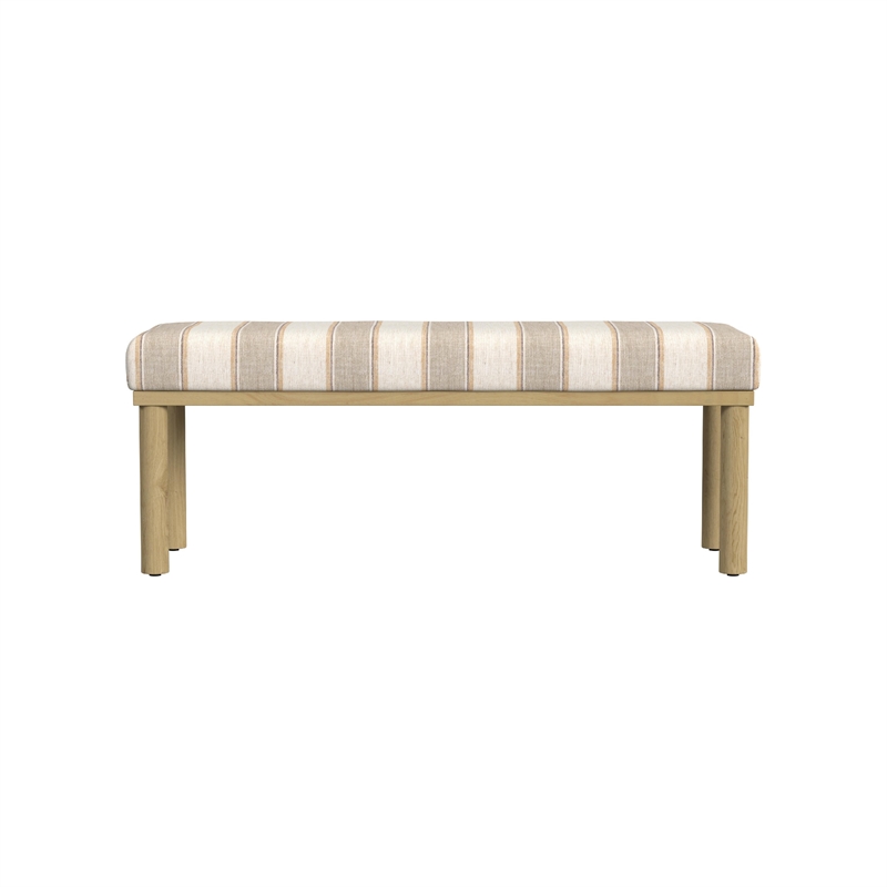 Benjara Fin Bench- Natural Brown Wood- Striped Tan Cream Polyester 48 Inch
