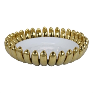 Benjara Milly Decorative Bowl- Raised Petal Rim- Gold White Ceramic 16 Inch