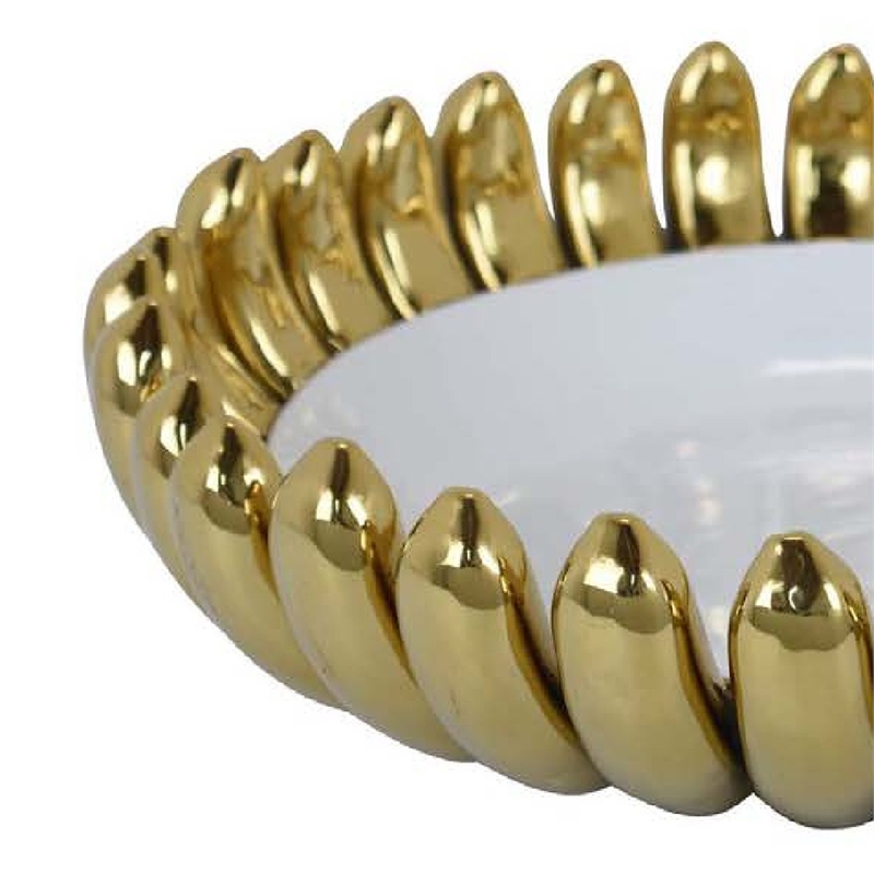 Benjara Milly Decorative Bowl- Raised Petal Rim- Gold White Ceramic 16 Inch