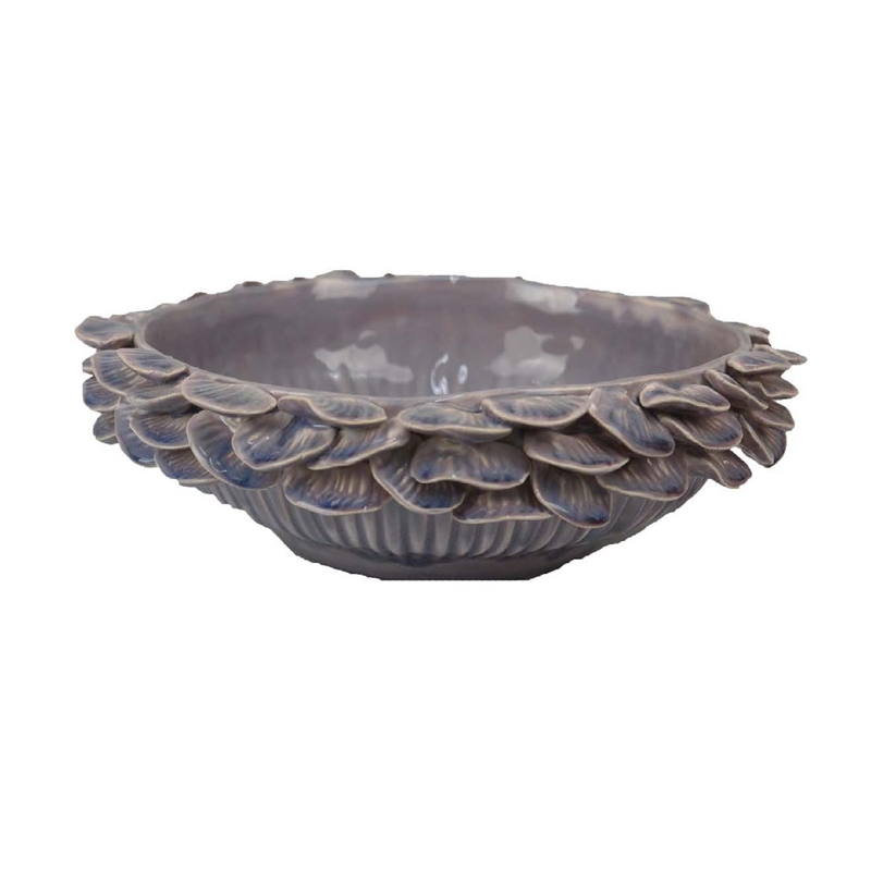Benjara Kiana Decorative Bowl- Gray Ceramic- Flared Scales Rim Accent- 12 Inch