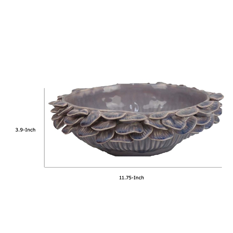 Benjara Kiana Decorative Bowl- Gray Ceramic- Flared Scales Rim Accent- 12 Inch