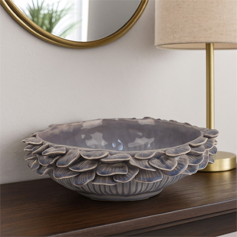 Benjara Kiana Decorative Bowl- Gray Ceramic- Flared Scales Rim Accent- 12 Inch