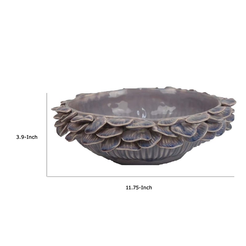 Benjara Kiana Decorative Bowl- Gray Ceramic- Flared Scales Rim Accent- 12 Inch