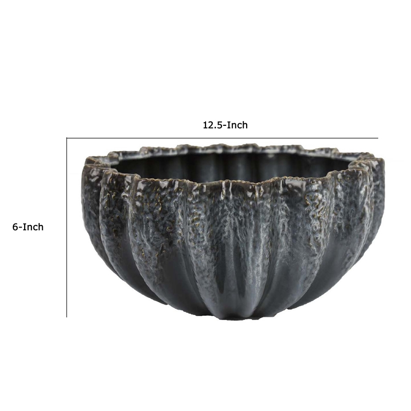 Benjara Decorative Bowl- Aqua Gray Ceramic- Fluted Scalloped Sides- 13 Inch